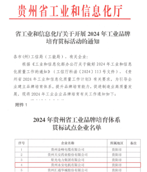 喜訊！貴州永安榮獲“2024年貴州省工業(yè)品牌培育體系貫標試點企業(yè)”稱號